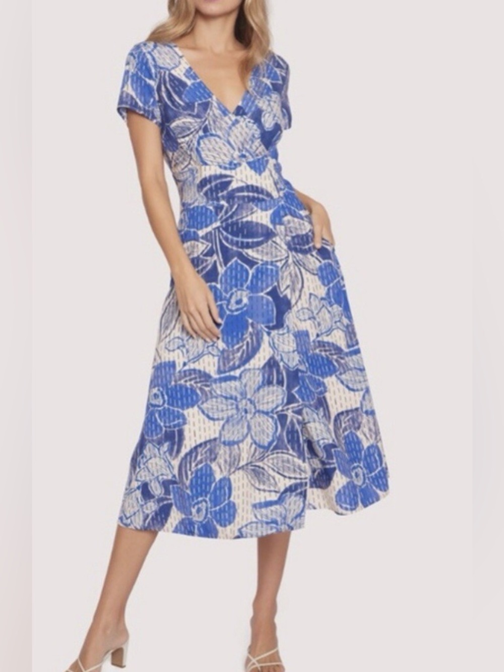 LOST + WANDER Blue Floral Wrap Midi Dress • Bohemian Coastal